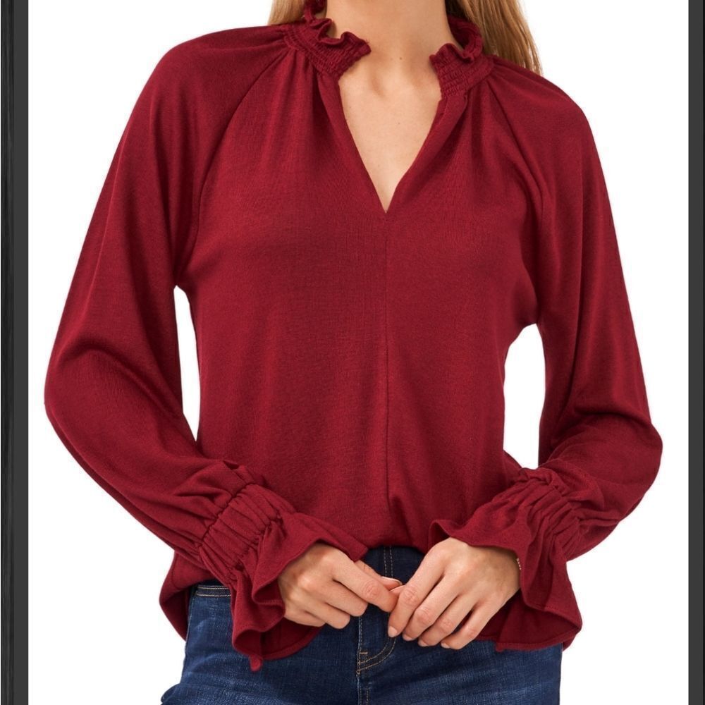 Vince Camuto Split Neck Balloon Sleeve Knit Top Sz Sm